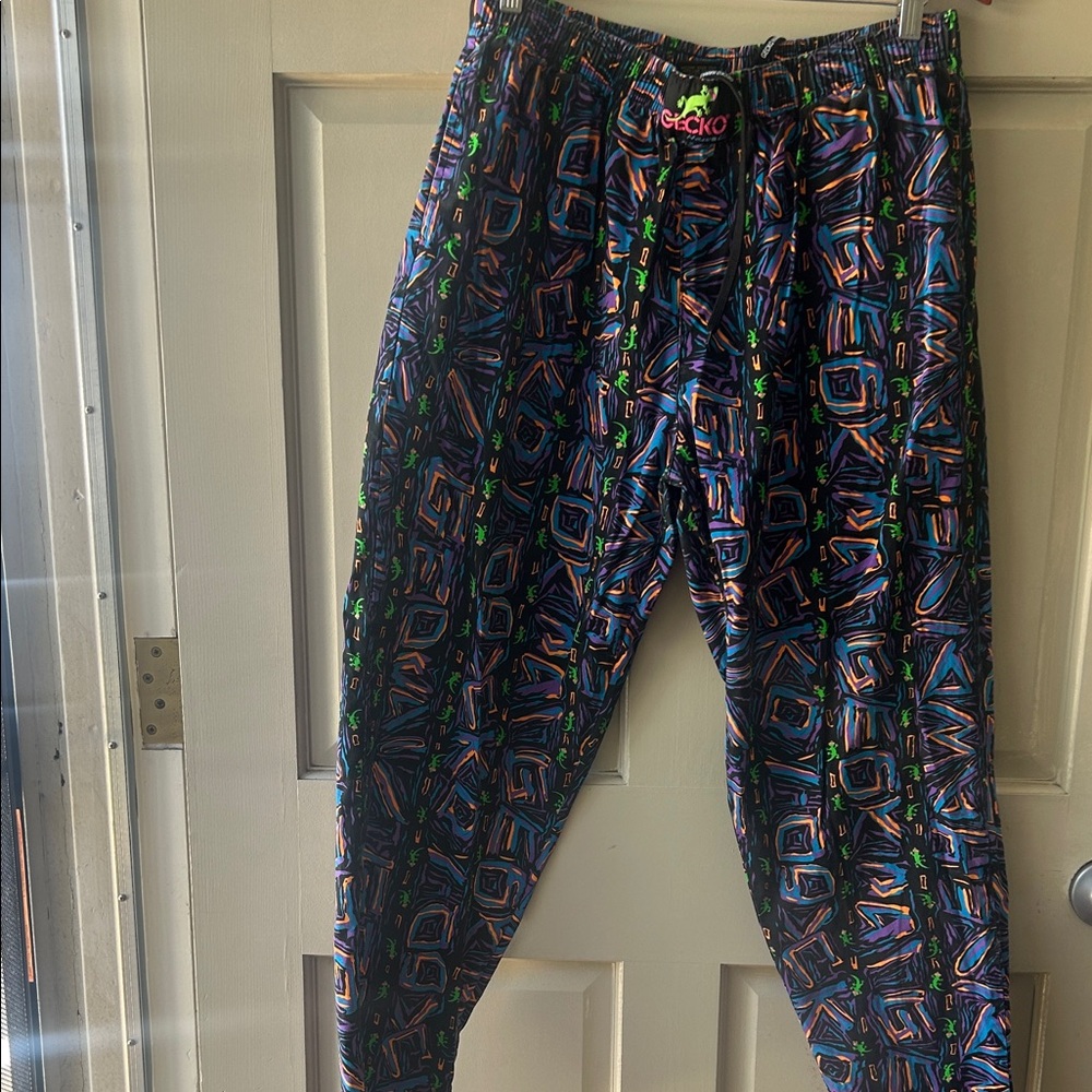 Ecko Unlimited Black Jogger Pants with Neon Multicolor Geo Print